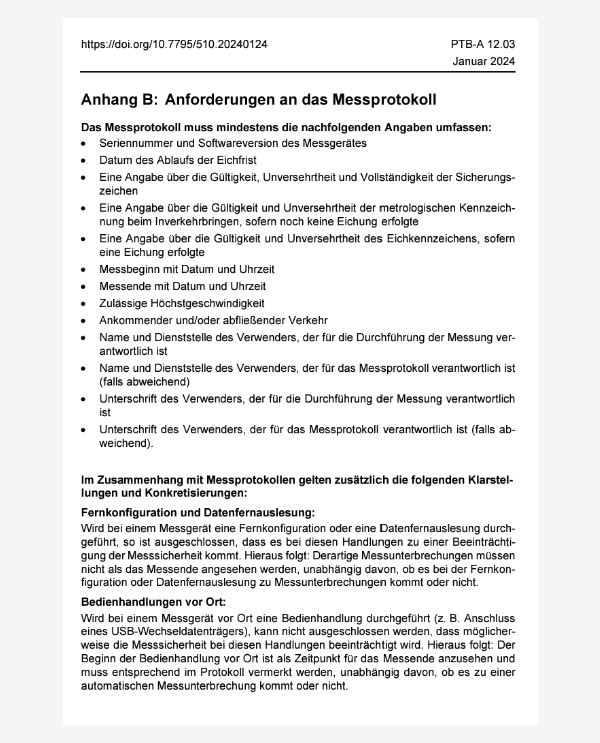 Auszug aus einem Muster-Messprotokoll nach PTB-A mit Pflichtangaben